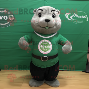 Forest Green Seal mascot costume character dressed with a V-Neck Tee and Belts