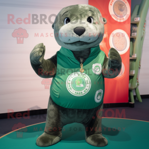 Forest Green Seal mascot costume character dressed with a V-Neck Tee and Belts