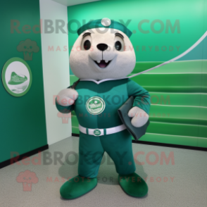 Forest Green Seal mascot costume character dressed with a V-Neck Tee and Belts