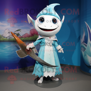 nan Swordfish mascot costume character dressed with a A-Line Dress and Necklaces
