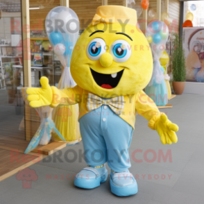 Yellow Candy mascot costume character dressed with a Chambray Shirt and Bow ties