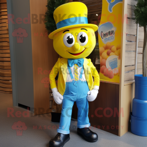 Yellow Candy mascot costume character dressed with a Chambray Shirt and Bow ties