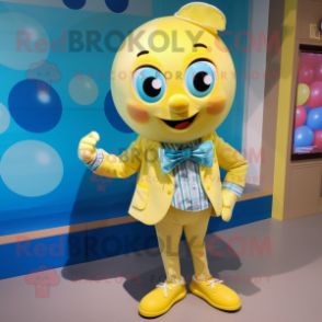 Yellow Candy mascot costume character dressed with a Chambray Shirt and Bow ties