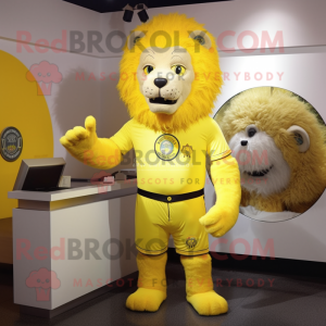 Lemon Yellow Tamer Lion mascot costume character dressed with a Rash Guard and Tie pins