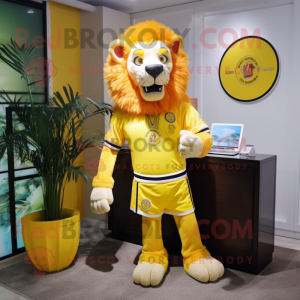 Lemon Yellow Tamer Lion mascot costume character dressed with a Rash Guard and Tie pins