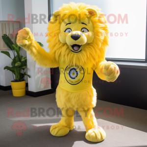 Lemon Yellow Tamer Lion mascot costume character dressed with a Rash Guard and Tie pins