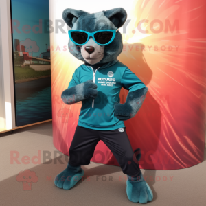 Teal Jaguarundi mascot costume character dressed with a Joggers and Sunglasses