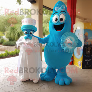 Turquoise Jambalaya mascot costume character dressed with a Wedding Dress and Watches