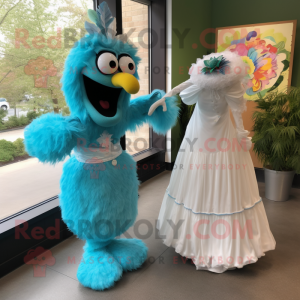 Turquoise Jambalaya mascot costume character dressed with a Wedding Dress and Watches