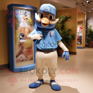 Tan Blue Jay mascot costume character dressed with a Capri Pants and Hats