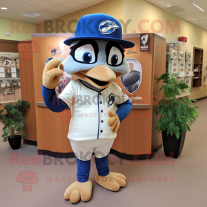 Tan Blue Jay mascot costume character dressed with a Capri Pants and Hats