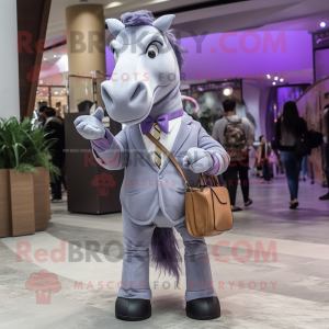 Lavender Horse mascot costume character dressed with a Suit and Messenger bags