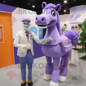 Lavender Horse mascot costume character dressed with a Suit and Messenger bags