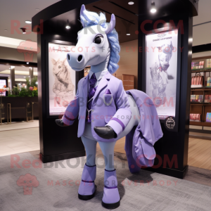 Lavender Horse mascot costume character dressed with a Suit and Messenger bags