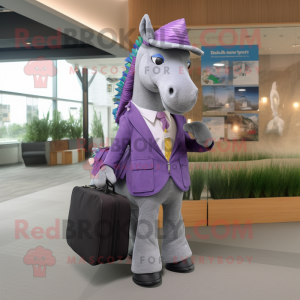 Lavender Horse mascot costume character dressed with a Suit and Messenger bags