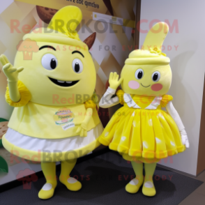 Lemon Yellow Chocolates mascot costume character dressed with a Midi Dress and Cummerbunds
