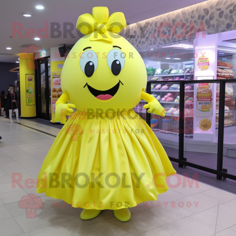 Lemon Yellow Chocolates mascot costume character dressed with a Midi Dress and Cummerbunds Lemon Yellow Chocolates mascot costume character dressed with a Midi Dress and Cummerbunds