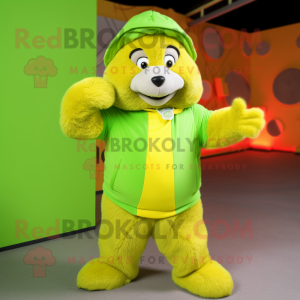 Lime Green Marmot mascot costume character dressed with a Jumpsuit and Wraps