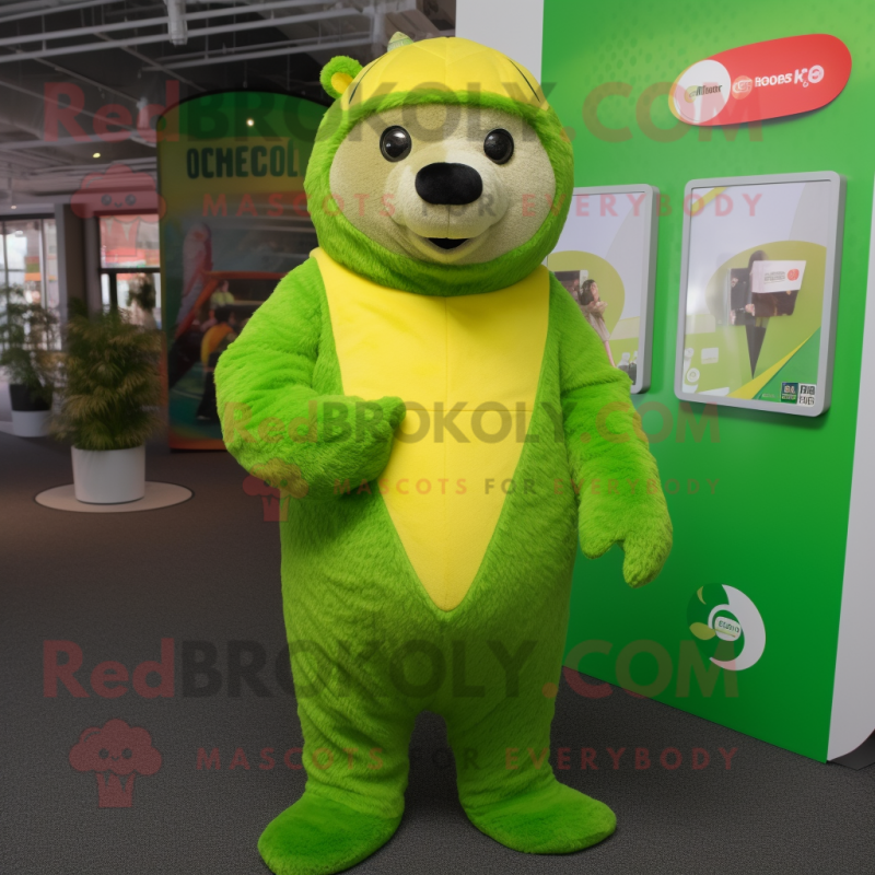 Lime Green Marmot mascot costume character dressed with a Jumpsuit and Wraps