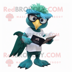 Teal Archeopteryx mascot costume character dressed with a Joggers and Reading glasses