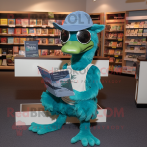 Teal Archeopteryx mascot costume character dressed with a Joggers and Reading glasses