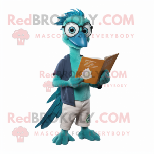 Teal Archeopteryx mascot costume character dressed with a Joggers and Reading glasses