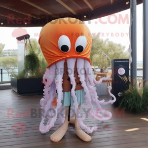 Rust Jellyfish mascot costume character dressed with a Board Shorts and Bow ties