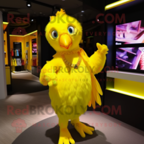 Yellow Parrot mascot costume character dressed with a Mini Dress and Gloves