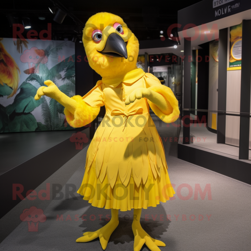 Yellow Parrot mascot costume character dressed with a Mini Dress and Gloves Yellow Parrot mascot costume character dressed with a Mini Dress and Gloves