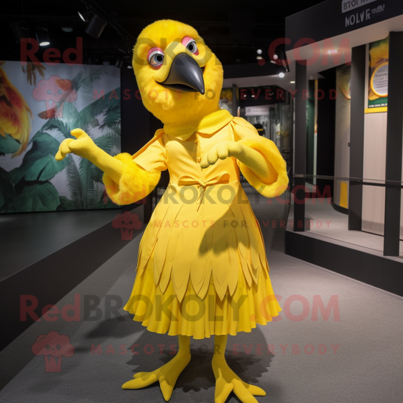 Yellow Parrot mascot costume character dressed with a Mini Dress and Gloves