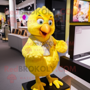 Yellow Parrot mascot costume character dressed with a Mini Dress and Gloves