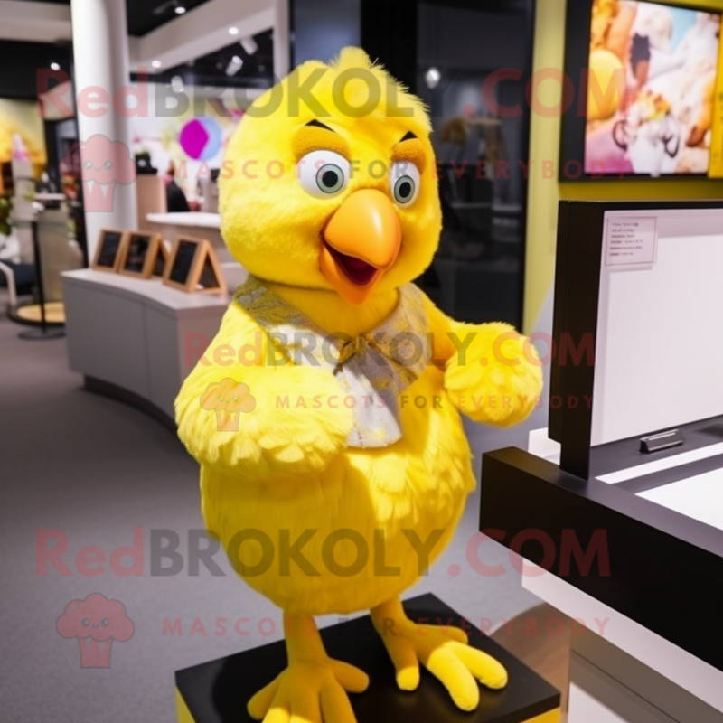 Yellow Parrot mascot costume character dressed with a Mini Dress and Gloves Yellow Parrot mascot costume character dressed with a Mini Dress and Gloves