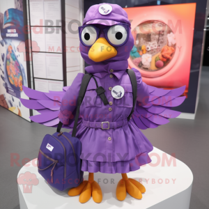 Purple Pigeon mascot costume character dressed with a Circle Skirt and Backpacks