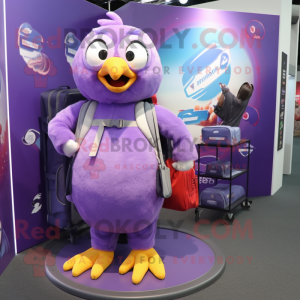 Purple Pigeon mascot costume character dressed with a Circle Skirt and Backpacks