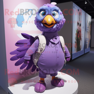 Purple Pigeon mascot costume character dressed with a Circle Skirt and Backpacks