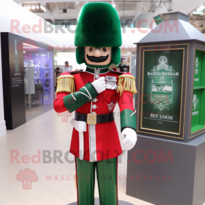 Green British Royal Guard mascot costume character dressed with a Dress Shirt and Bracelet watches