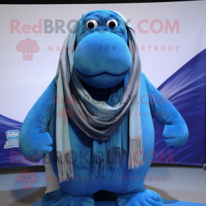 Blue Walrus mascot costume character dressed with a Henley Shirt and Scarf clips