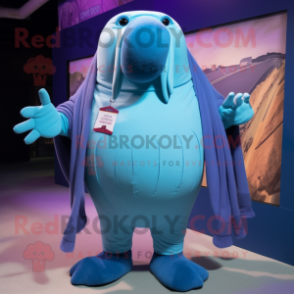 Blue Walrus mascot costume character dressed with a Henley Shirt and Scarf clips