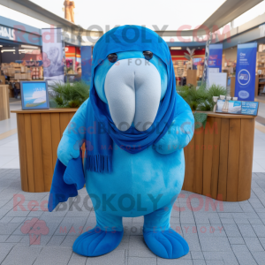 Blue Walrus mascot costume character dressed with a Henley Shirt and Scarf clips