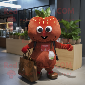 Rust Strawberry mascot costume character dressed with a V-Neck Tee and Handbags