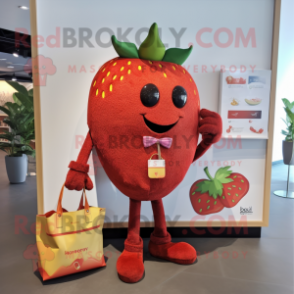 Rust Strawberry mascot costume character dressed with a V-Neck Tee and Handbags