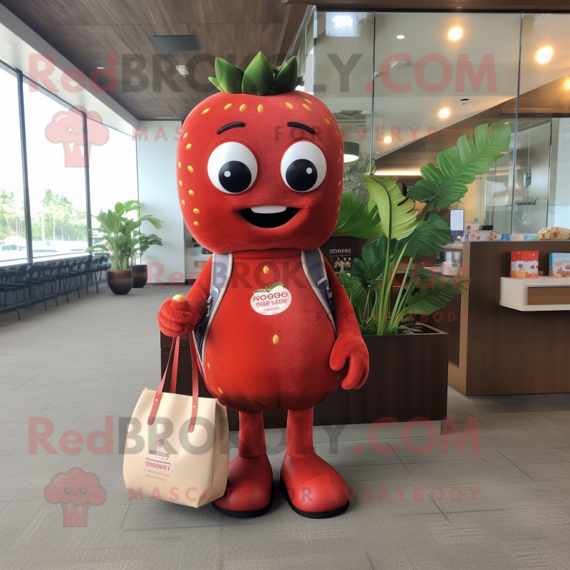 Rust Strawberry mascot costume character dressed with a V-Neck Tee and Handbags