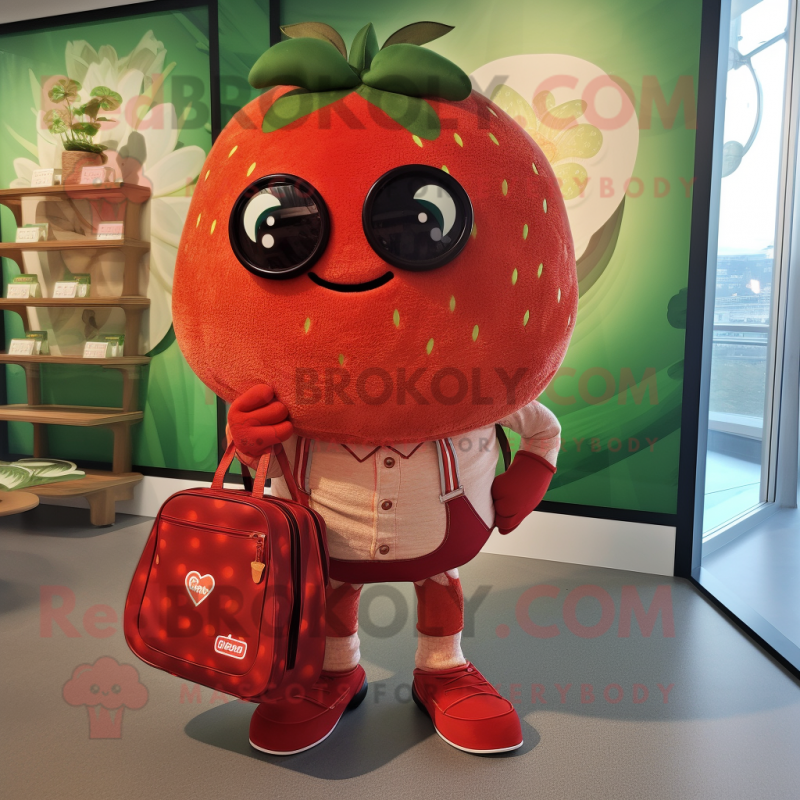 Rust Strawberry mascot costume character dressed with a V-Neck Tee and Handbags