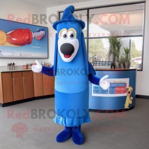 Blue Hot Dog mascot costume character dressed with a Pencil Skirt and Hat pins