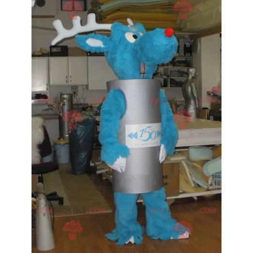 Mascote de rena azul com uma roupa cilíndrica cinza -