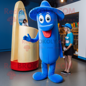 Blue Hot Dog mascot costume character dressed with a Pencil Skirt and Hat pins