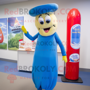 Blue Hot Dog mascot costume character dressed with a Pencil Skirt and Hat pins