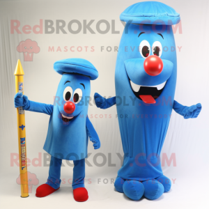 Blue Hot Dog mascot costume character dressed with a Pencil Skirt and Hat pins