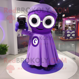 Purple Camera mascot costume character dressed with a Circle Skirt and Eyeglasses