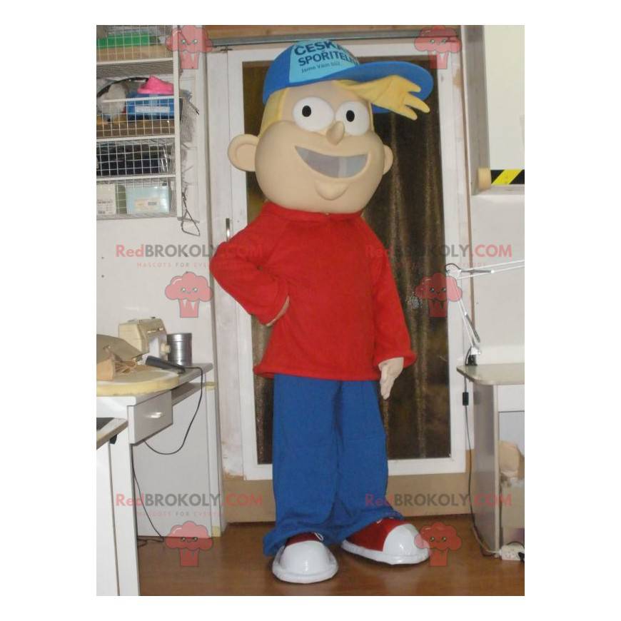 Mascot chico rubio en traje rojo y azul. Mascota adolescente -